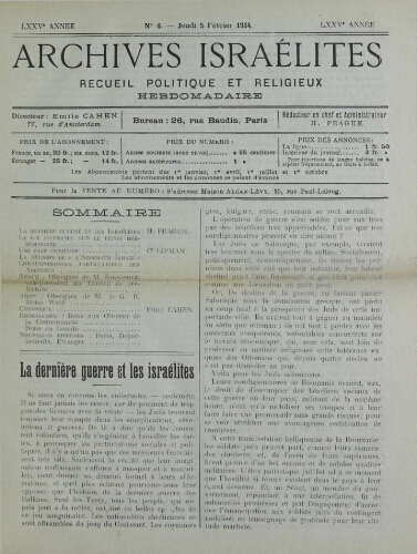Archives israélites de France. Vol.75 N°06 (05 févr. 1914)
